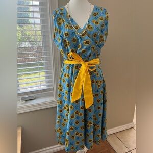 [US10]Lindy Bop Stephanie Sunflower Bird Blue Mid Dress Waist Belt V Done